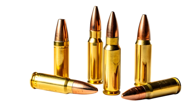 Golden bullets arranged on a white background, featuring brass casings and copper-tipped projectiles in white transparent png background cutout

