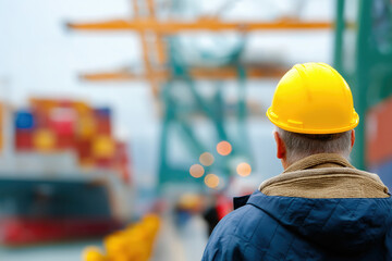 Worker observes cargo operations at a busy shipping port during foggy weather