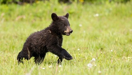 Black bear cub running in a grassy field.