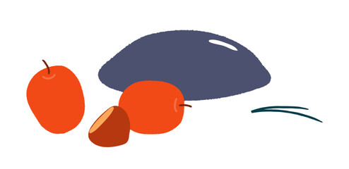 Traditional Chuseok mooncakes food, jujube, chestnut fruits, pine needles, isolated on transparent. Hand drawn flat vector illustration. Korean Mid Autumn Festival design elements set, clip art