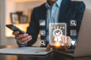 Quality Assurance Tech: A professional in a sharp suit engaged in a high-tech quality assurance assessment, analyzing digital metrics on a mobile device and a laptop.