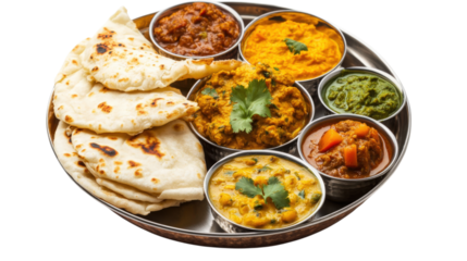 Indian Thali with Bread and Curries isolated on a Transparent Background