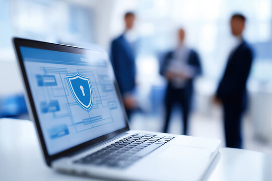 Business professionals discussing cybersecurity solutions over a laptop in an office