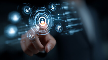 Person touching futuristic interface with glowing icons and data streams technology digital