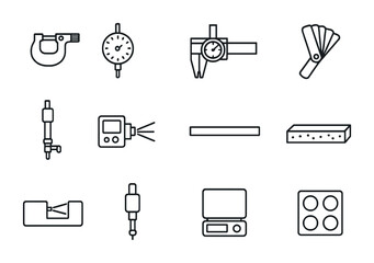 Precision Instrument Icons. Outline icon set of precision engineering instruments: micrometer, dial gauge,