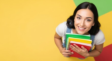 High-Angle View of a Joyful Student Holding Colorful Books on a Vibrant Backdrop.