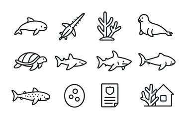 Endangered Marine Species Icons. Outline icon set of endangered marine species: vaquita, sawfish, staghorn
