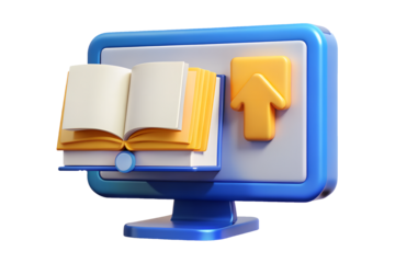 Online education concept with book and arrow on computer isolated on transparent background