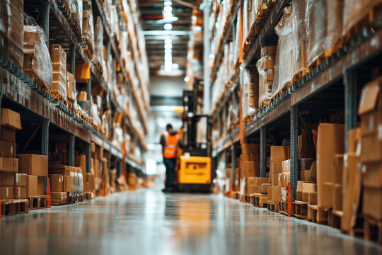 Workers operating a forklift in a busy warehouse during daytime operations