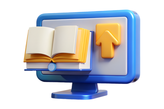 Online education concept with book and arrow on computer isolated on transparent background