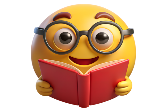 Emoji face with glasses reading a book isolated on transparent background