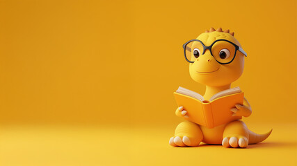 Smiling dinosaur reading book on orange background. Back to school concept.