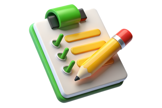 Clipboard with pencil and checklist isolated on transparent background for tasks