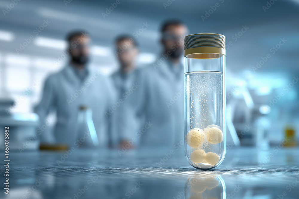 Poster lab technicians conducting research with test tube in a modern laboratory setting