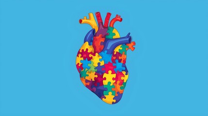 Colorful anatomical heart composed of multi-colored puzzle pieces on a blue background. A powerful symbol for autism awareness, heart health, complex emotions, or mental health c