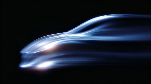 Abstract light trail photography showing the streamlined silhouette of a car in motion. Ideal for automotive technology, speed, future mobility, and digital innovation concepts