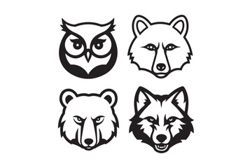Four stylized animal heads in black and white outline