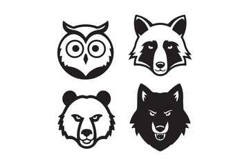 Four stylized animal heads owl raccoon bear and wolf