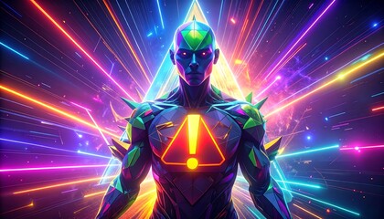 A vibrant figure, sculpted with bold geometric shapes, stands amidst a dynamic burst of colorful light rays, radiating energy and warning.