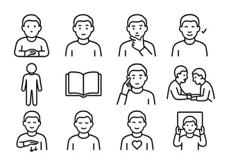 Negotiation Body Language Icons. Outline icon set of negotiation body language: listening posture, raised