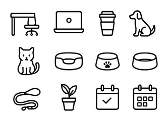 Pet-Friendly Workplace Icons. Outline icon set of pet-friendly workplaces: desk, office chair, laptop, coffee