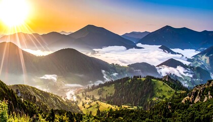 Panoramic vista of mountain ranges at sunrise, with valleys filled with morning mist and lush greenery.