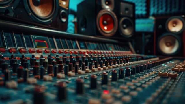 Professional audio mixing console surrounded by various sound gear and accessories