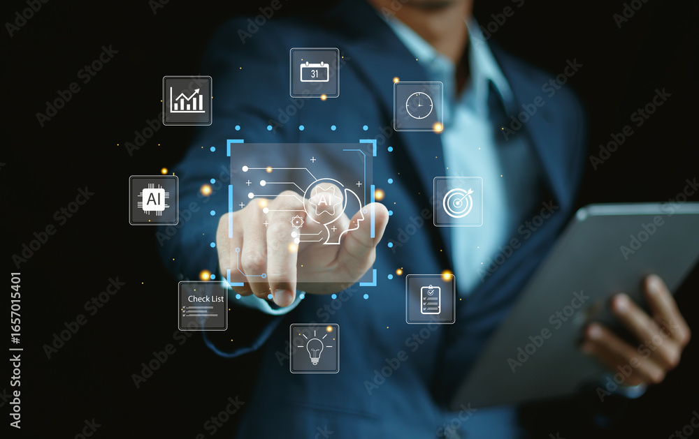 Poster hand typing on laptop with ai productivity tools, task management icons, checklist system, and digit