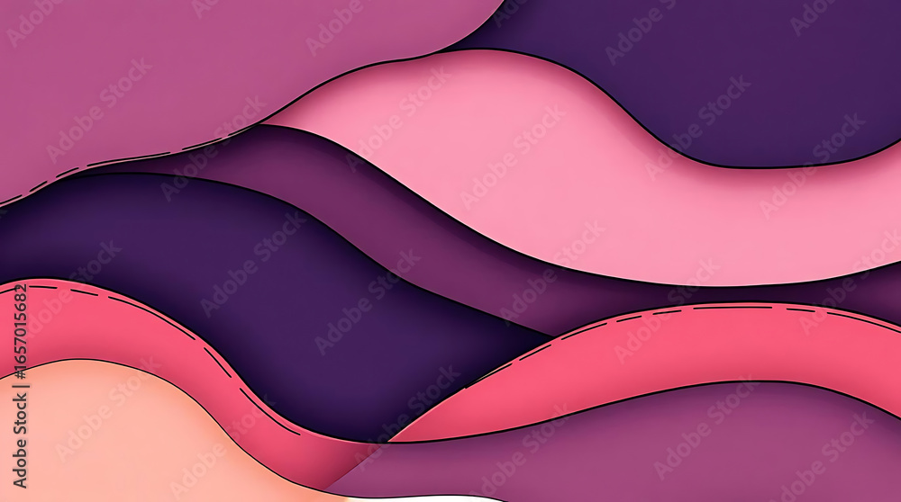 Poster an abstract paper cut background with layers of waves in purple and pink, creating a modern and deco