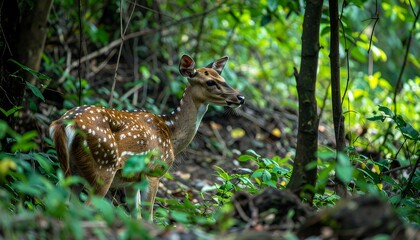 A spotted deer, subtly positioned within a verdant forest floor, gazes thoughtfully into the depths of the dense woodland.