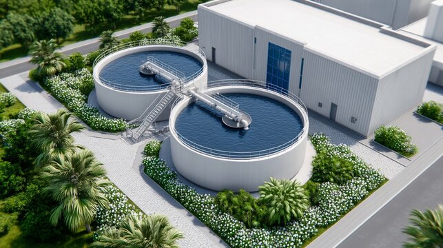 Water recycling plant with industrial filtration units, clean steel tanks, advanced engineering details, realistic environmental technology