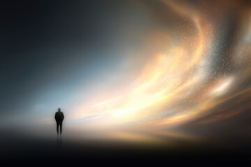 Man standing alone in a surreal landscape during a vibrant sunset