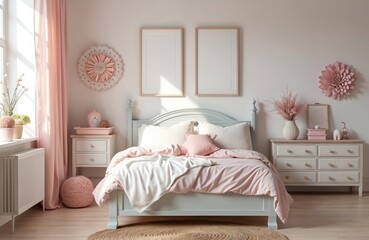 Charming girls bedroom with minimalist decor. Features pastel pink and white tones, pale grey bed, wooden drawers, round rug, vintage sofa, and art frames on wall.