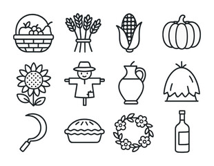 Harvest Celebration Icons. Outline icon set of harvest celebrations: basket of fruits, wheat bundle, corn,
