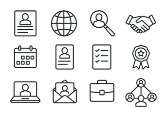 Talent Acquisition Icons. Outline icon set of talent acquisition worldwide: resume, globe, magnifying glass,