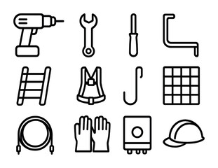 Fototapeta premium Solar Installation Tools. Outline icon set of solar installation tools: drill, wrench, screwdriver, mounting