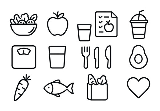 Nutrition Icons Set. Outline icon set of tailored nutrition guides: salad bowl, apple, meal plan, smoothie cup