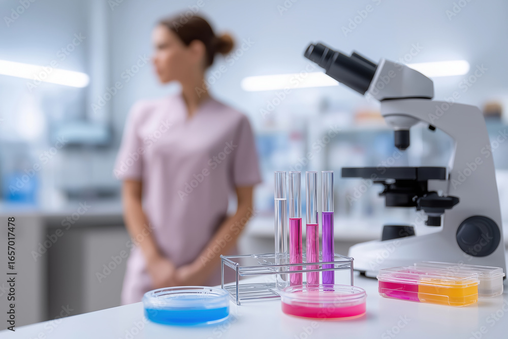 Poster laboratory setting with scientist observing samples and microscope during research