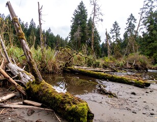 Fallen logs by a creek