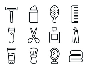 Grooming Essentials Icons. Outline icon set of grooming essentials: razor, shaving cream, hairbrush, comb,