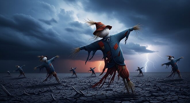 Scarecrows in a desolate field under a stormy sky with lightning strikes