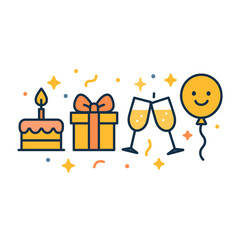 Naklejka premium Festive Cartoon Birthday and Party Icons – Cake, Gift, Champagne, Balloon, Confetti
