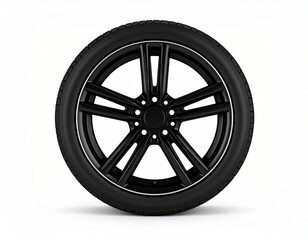 Fototapeta premium Black Car Tire with Glossy Split-Spoke Alloy Rim on White Background