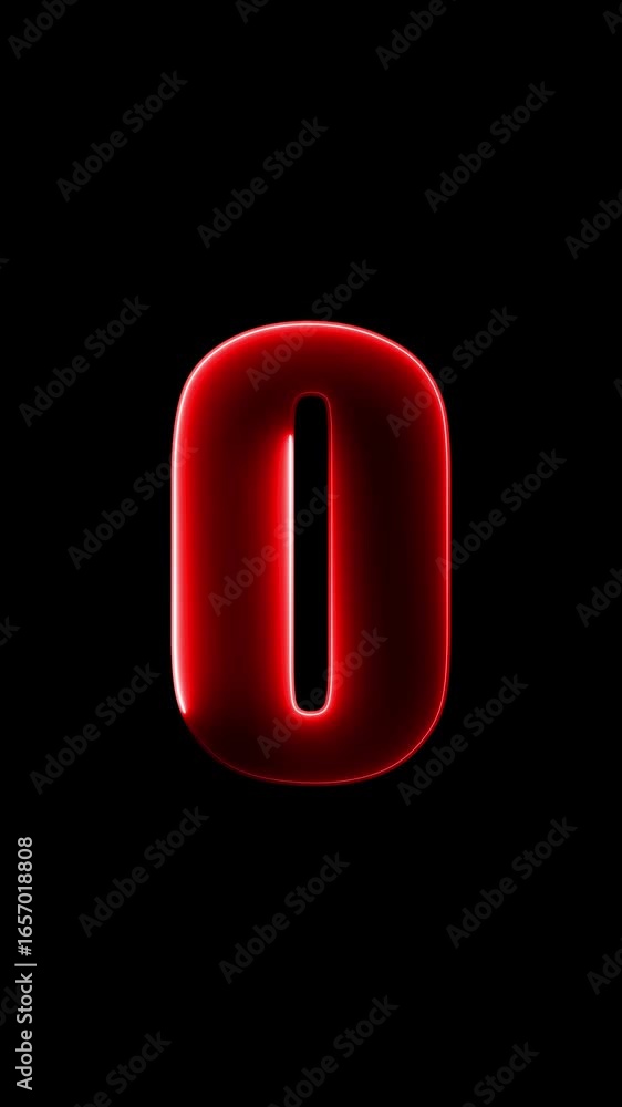 Poster glowing red number zero with neon outline on black background digit numeral