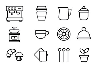 Barista Cart Icons. Outline icon set of barista coffee cart: coffee machine, cups, milk jug, sugar bowl,