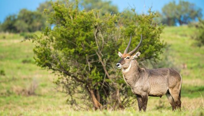 A wodebeest stands in a grassy savanna.