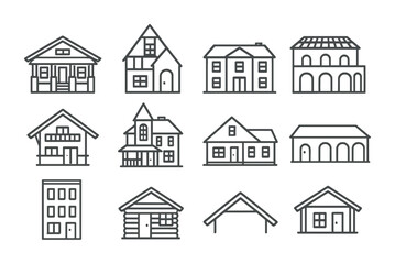 Fototapeta premium Traditional House Icons. Outline icon set of modern traditional houses: craftsman bungalow, Tudor house,