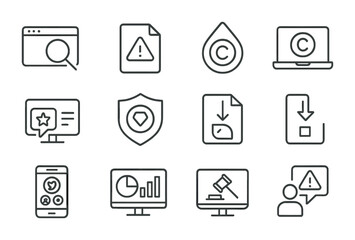 Fototapeta premium Digital IP Monitoring Icons. Outline icon set of digital IP infringement monitoring: online monitoring tool,
