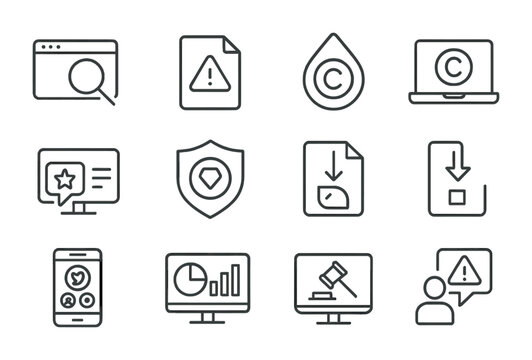 Digital IP Monitoring Icons. Outline icon set of digital IP infringement monitoring: online monitoring tool,