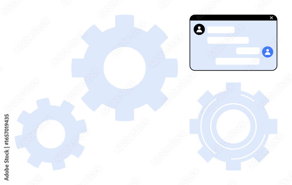 Poster three interconnected gears paired with a messaging box interface. ideal for teamwork, automation, co